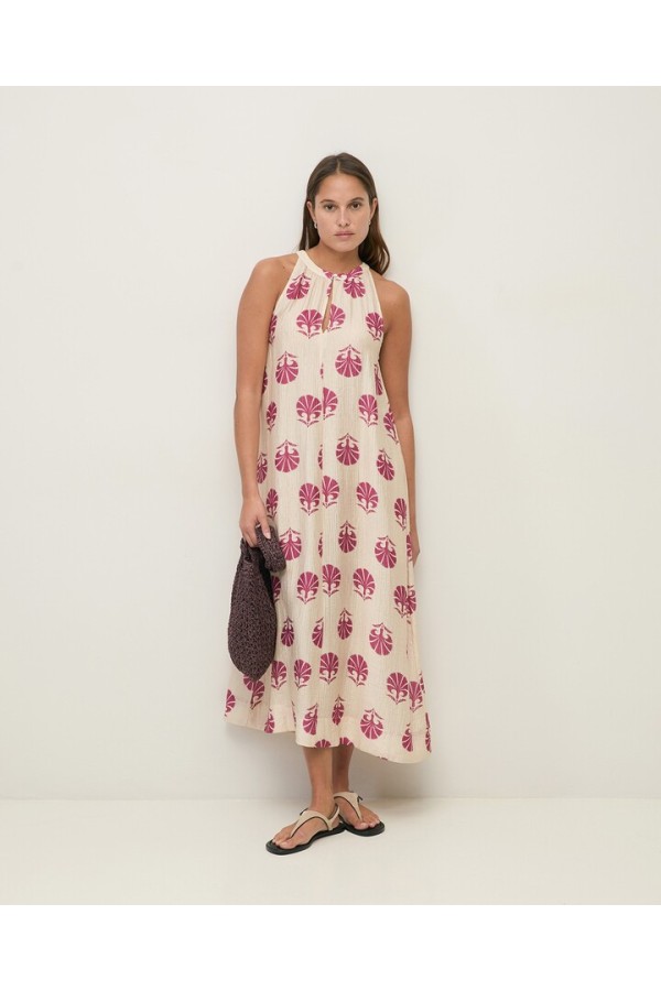 Long print dress with shirring Ecru