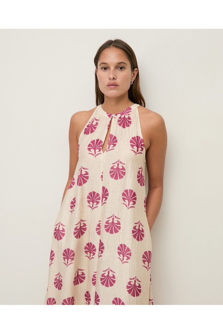 Long print dress with shirring Ecru