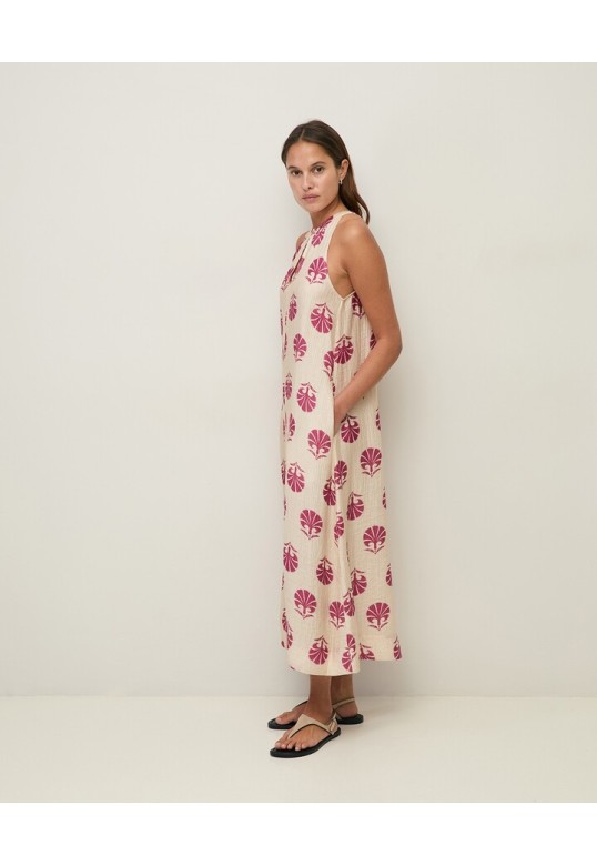 Long print dress with shirring Ecru