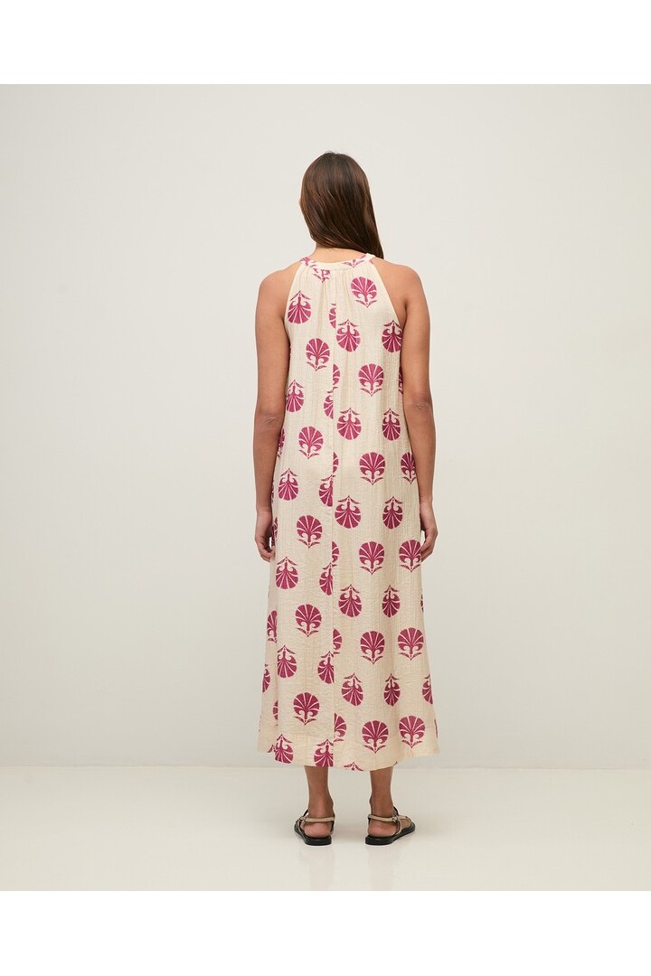 Long print dress with shirring Ecru