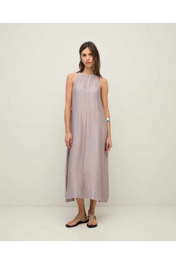 Long print dress with shirring Mauve